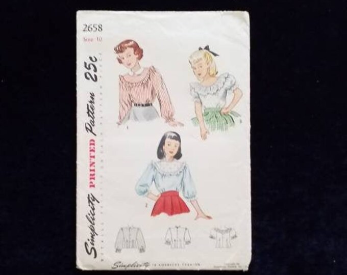 Vintage 1950's era Simplicity girls blouse sewing pattern size 10.