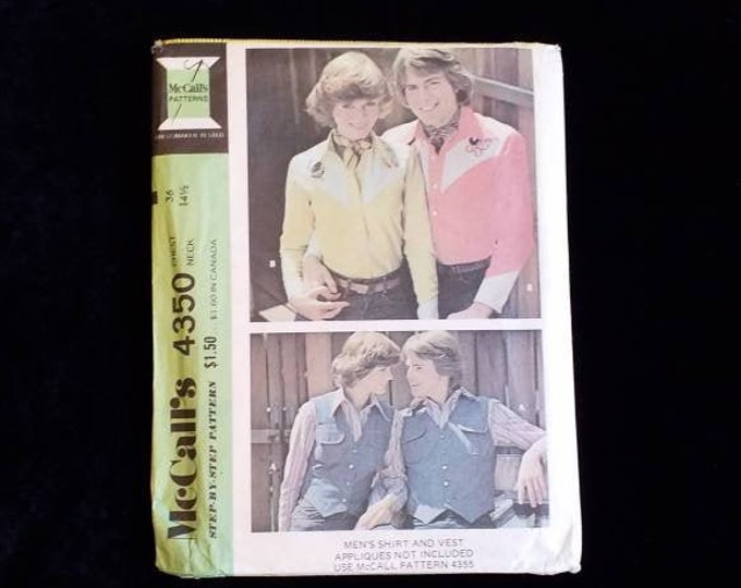 Vintage 1974 McCall's 4349. Western yolk style pearl snap shirt or vest sewing pattern.  Size 36 Uncut
