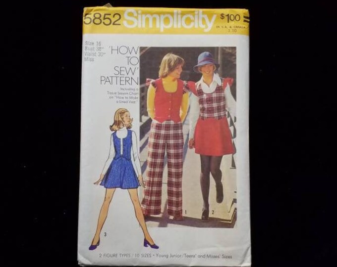 Vintage Simplicity Junior and Teens vest, shorts, skirt, and pants sewing pattern. 1973