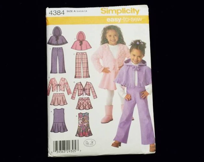 Simplicity 4384 girls skirt, dress, pants, shirt, and poncho sewing pattern.  New