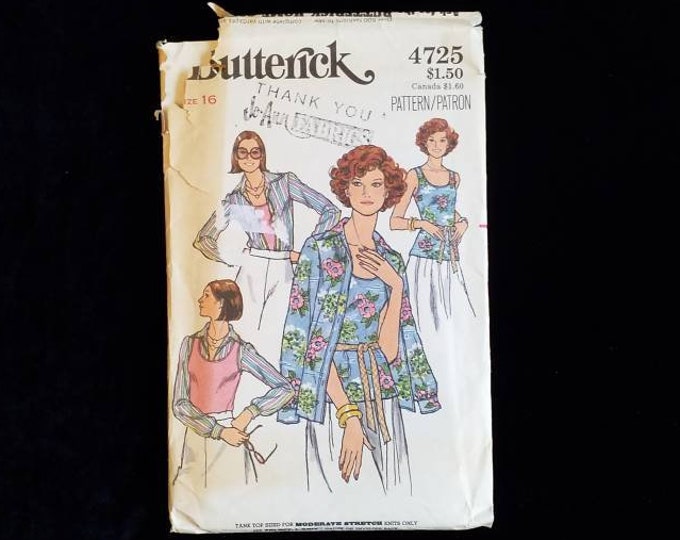 Vintage Butterick 4725.  Ladies overshirt or blouse, and tank top shirt sewing pattern.  Uncut