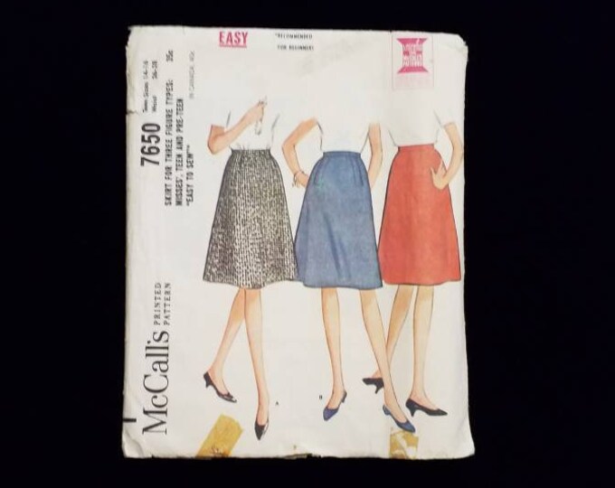Vintage 1964 McCall's misses' and teen size skirt sewing pattern size teen 14-16
