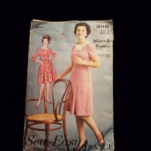 May include: Vintage sewing pattern for a dress, size 16 bust 38. The pattern is for misses and women and is called "Sew-Easy Advance" printed pattern. The pattern shows a pink dress with a white collar and a belt.