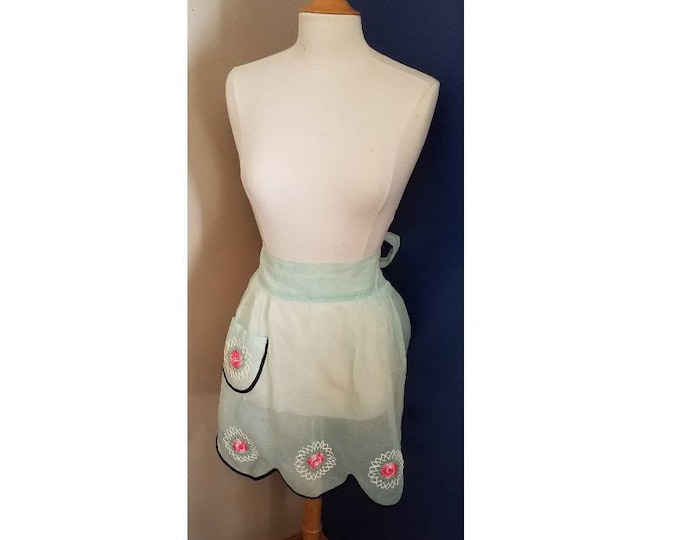 vintage sheer aqua with crocheted floral accents hostess apron
