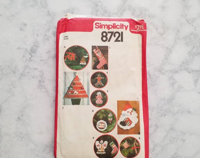 Vintage Simplicity 8721 Christmas holiday stocking, ornaments and decor sewing pattern.  UNCUT 1973