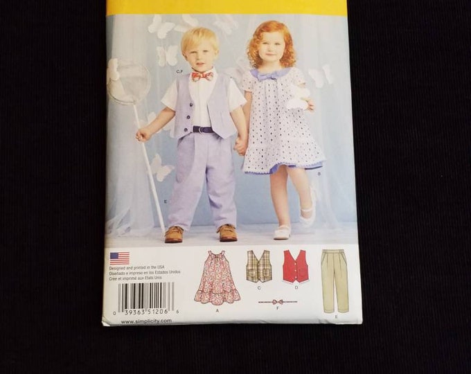 Simplicity 1206 childrens outfit sewing pattern. New. Dress pattern, vest pattern, pants pattern.