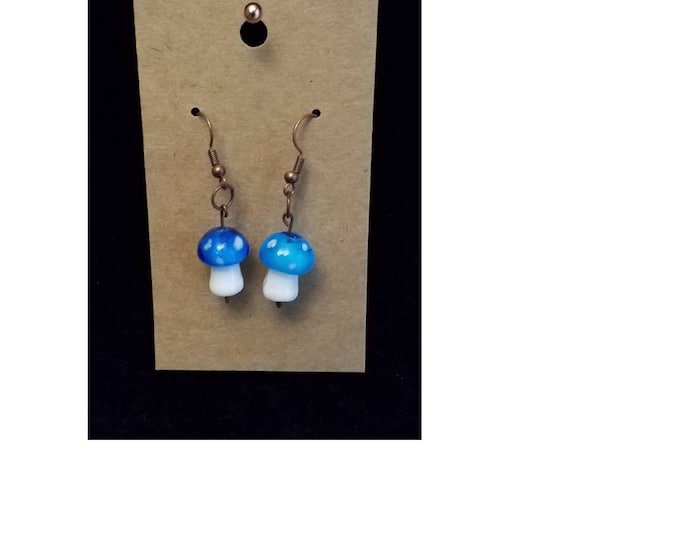 Handmade blue glass bead mushroom earrings.  Free Shipping