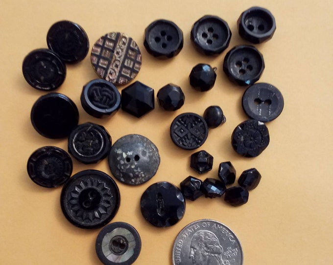 Vintage black button lot with 28 black buttons