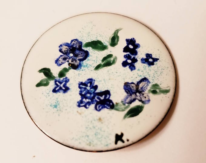 Vintage white enamel ware pin with delicate blue flowers