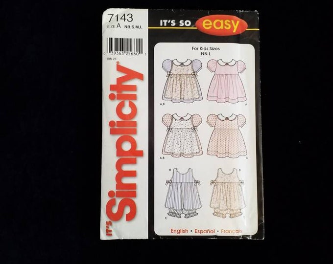 Simplicity 7143 newborn baby infant dress and bloomers sewing pattern. New