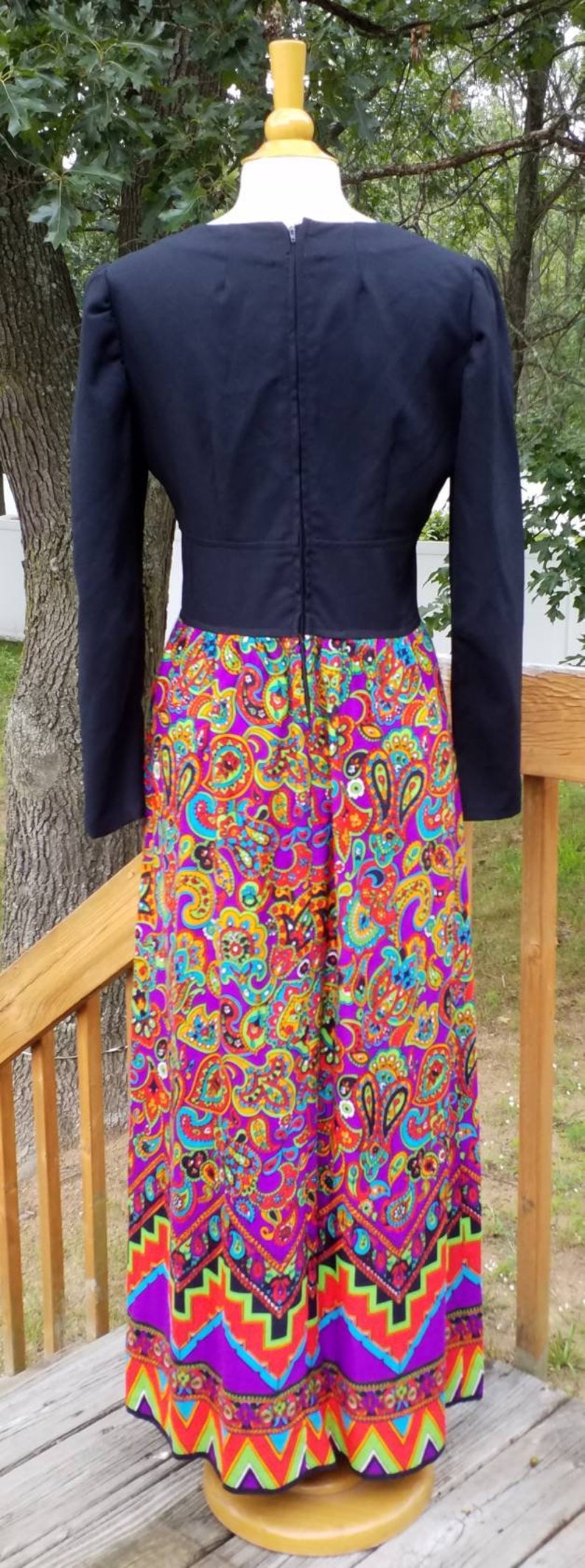 Vintage handmade maxi dress black with psychadelic fabric. colorful. Free Shipping image 3