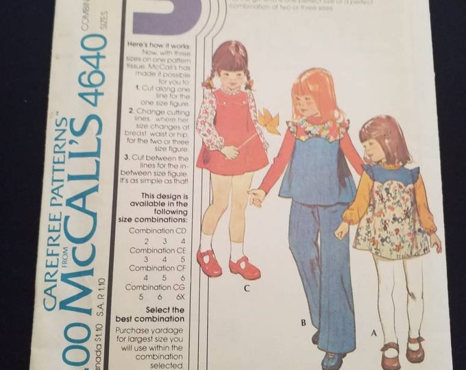 McCall's 4640 child's jumper, blouse, and pants sewing pattern. Vintage 1975.  New uncut. size 4-5-6. Boho. Hippie