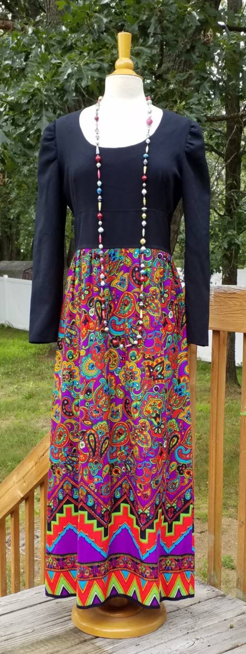 Vintage handmade maxi dress black with psychadelic fabric. colorful. Free Shipping image 4