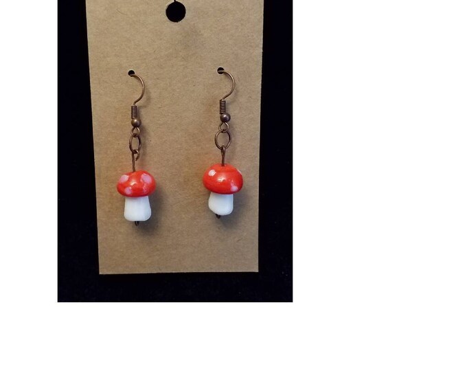 Handmade red glass mushroom earrings.  Free Shipping