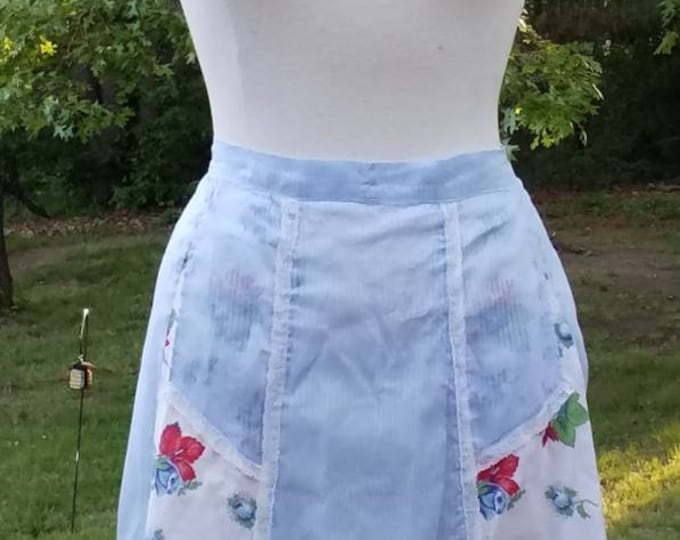vintage sheer blue and red floral sheer hostess apron