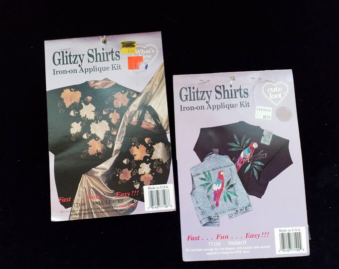 Glitzy shirt parrot and fall leaves iron-on applique supply