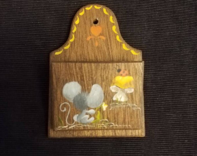 Vintage hand painted decorative wall hanging with woodland mice and mushrooms.