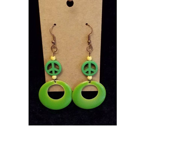 Handmade bright green peace sign green enamel circle earrings.  Free Shipping