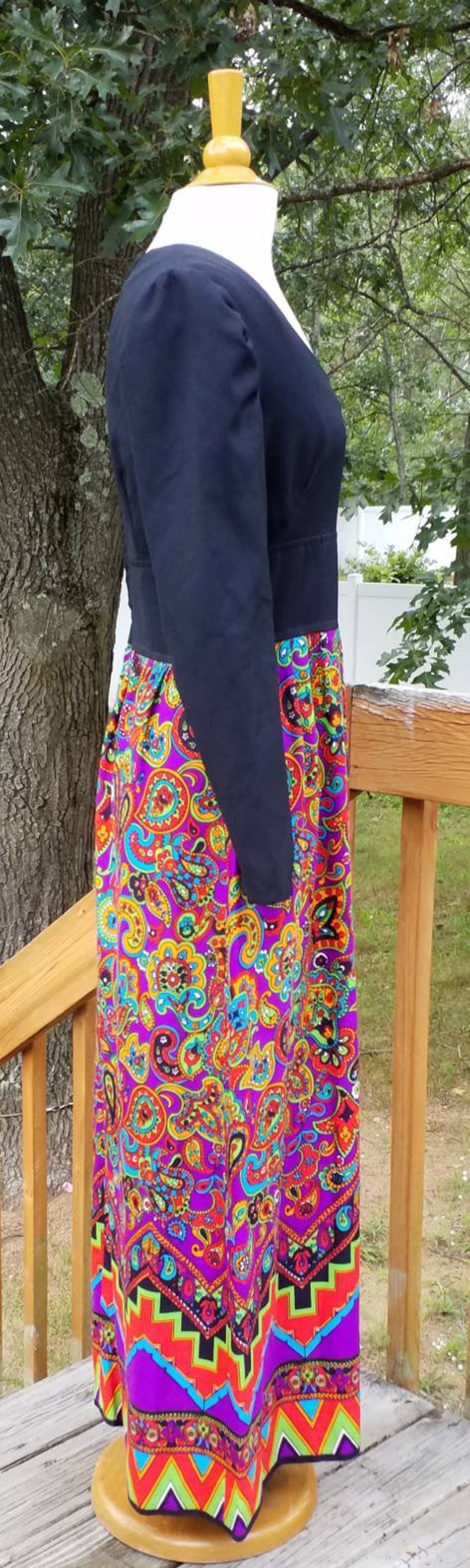 Vintage handmade maxi dress black with psychadelic fabric. colorful. Free Shipping image 6