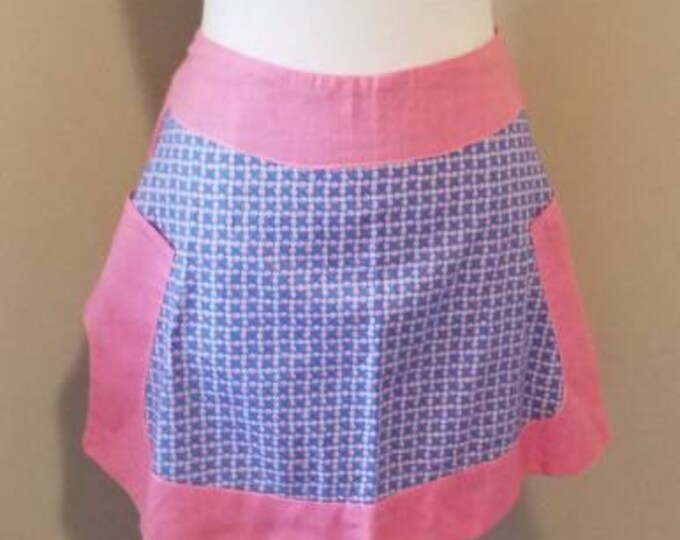 vintage blue and pink floral handmade half hostess style apron