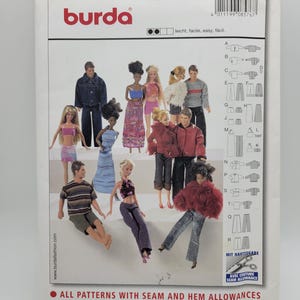 May include: A Burda sewing pattern envelope for doll clothes, model 8576, featuring illustrations of various dolls wearing different outfits. The package includes text indicating it is for dolls 11.5 to 12 inches tall and includes seam allowances.