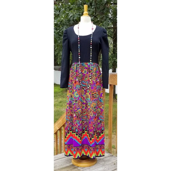 Vintage handmade maxi dress black with psychadeli… - image 1