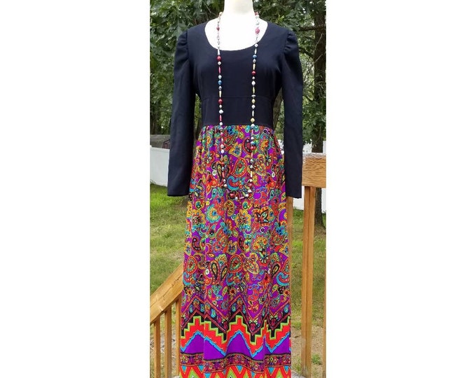 Vintage handmade maxi dress black with psychadelic fabric. colorful.  Free Shipping