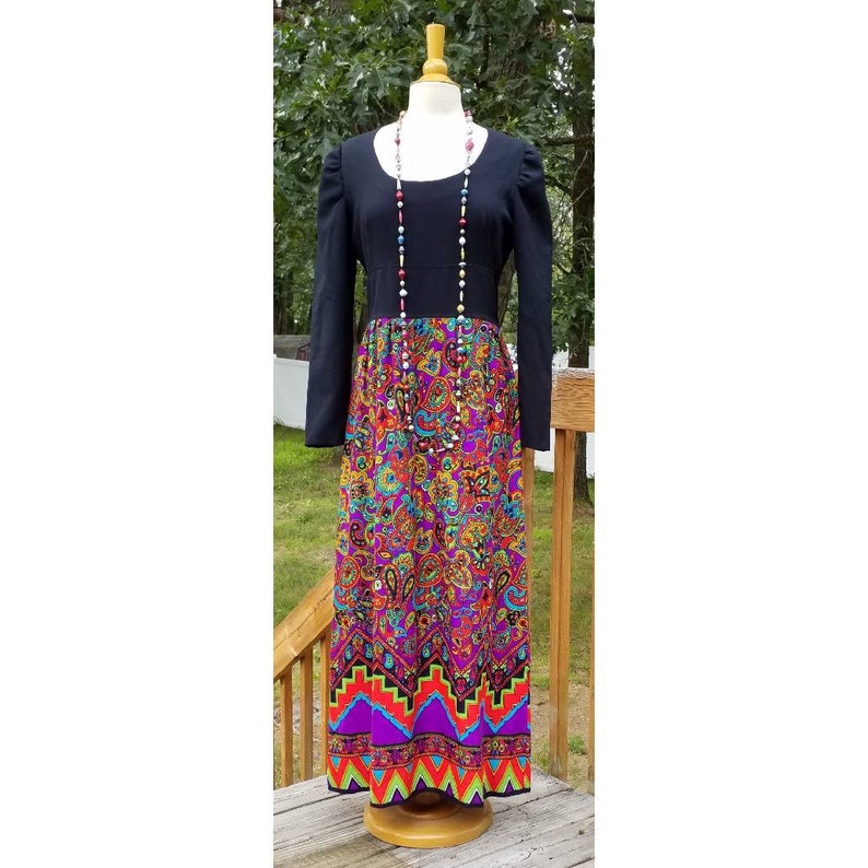 Vintage handmade maxi dress black with psychadelic fabric. colorful. Free Shipping image 1