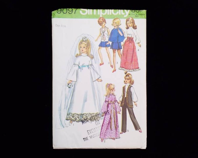vintage Barbie doll style clothing sewing pattern.  Simplicity 9097. 1970. New uncut pattern