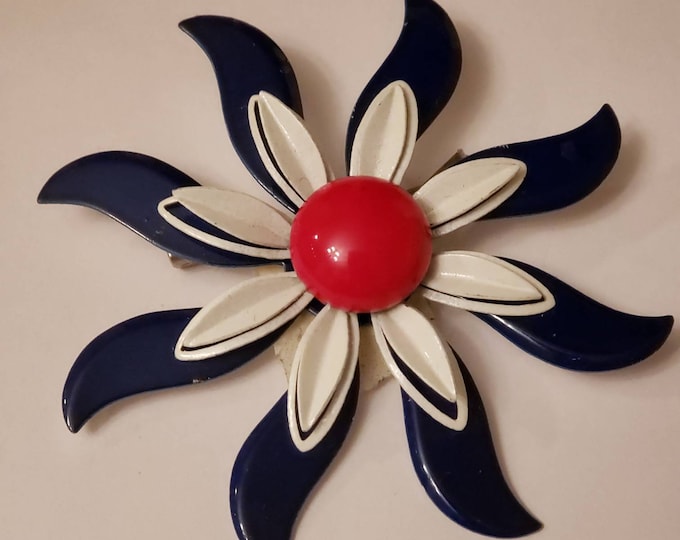 Vintage red white and blue floral brooch pin