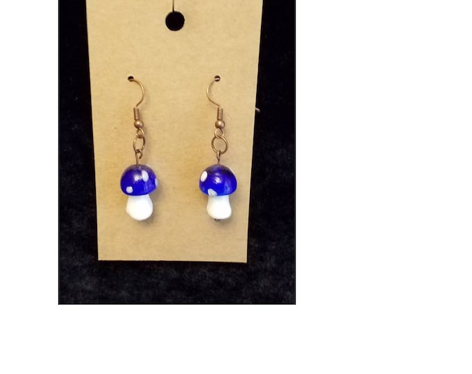 Handmade blue glass bead mushroom earrings.  Free Shipping