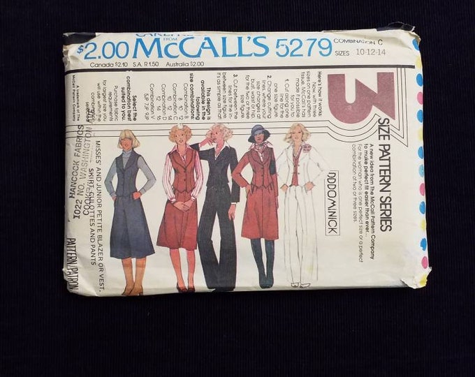 Vintage McCall's 5279. 1976.  Blazer, vest, skirt, culottes, and pants sewing pattern.  sizes 10-12-14
