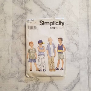 Simplicity 5174 boys&#39; shorts, pants, tank top, and shirt sewing pattern. New.