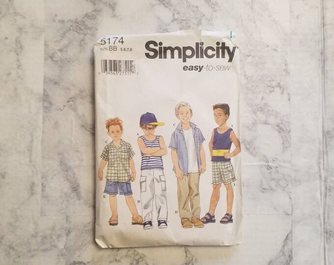 Simplicity 5174 boys' shorts, pants, tank top, and shirt sewing pattern. New.