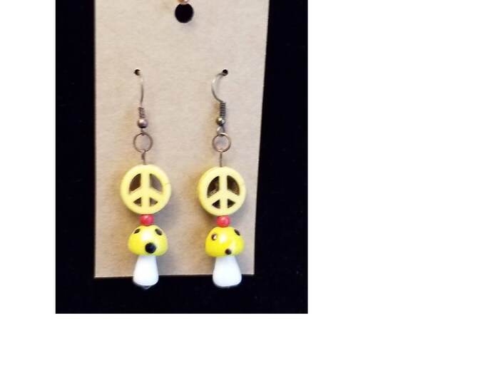 Handmade yellow peace sign mushroom earrings.  Free Shipping