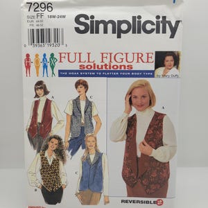 May include: A Simplicity sewing pattern for full-figure solutions, size FF 18W-24W. The pattern features reversible vest designs. The front of the package displays illustrations of the vest styles and the text "FULL FIGURE solutions".