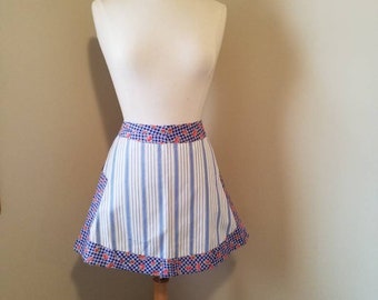 vintage blue and white stripe with gingham style check, handmade half hostess style apron