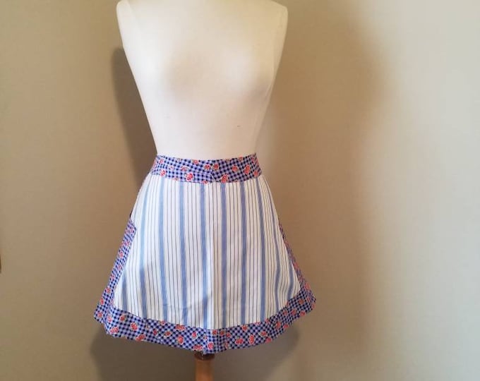vintage blue and white stripe with gingham style check, handmade half hostess style apron