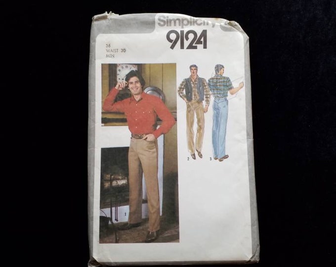 Vintage Simplicity 9124 Men's western style pants, shirt, and reversible vest sewing pattern. Size 44