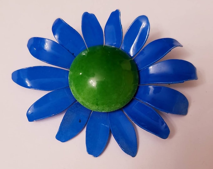 Vintage blue and green metal flower brooch
