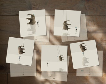 Postcard Elephant Pinguin - Little blue hat - Set of 5 postcards - Illustration card 14,8cm x 14,8cm (5,8" x 5,8")