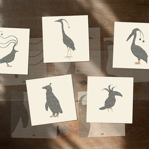 Birds Art Postcards Cards - Sleepy birds - Set of 5 postcards - Illustration postcard 14,8cm x 14,8cm (5,8&quot; x 5,8&quot;)