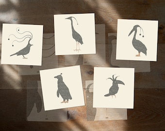 Birds Art Postcards Cards - Sleepy birds - Set of 5 postcards - Illustration postcard 14,8cm x 14,8cm (5,8" x 5,8")