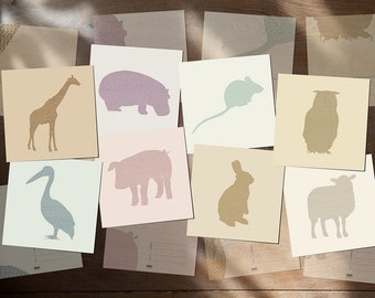 Animal Postcards|Silhouettes - Set of 8 postcards - hippo,pig,sheep,giraffe,mouse,owl,pelican,rabbit card 14,8cm x 14,8cm (5,8" x 5,8")