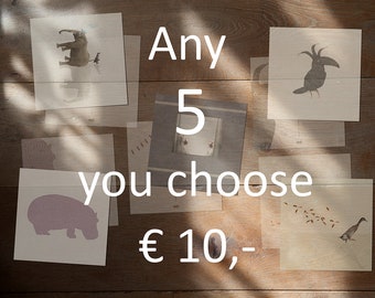 Postcards animals Any 5 you choose Euro 10,-- Set of 5 postcards - Illustrationcards 14,8cm x 14,8cm (5,8" x 5,8")