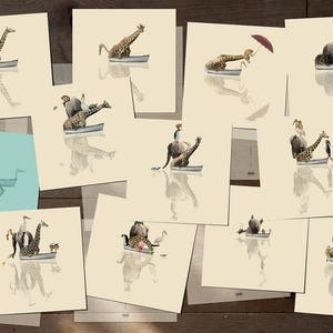 Giraffe Boat Animals Cards Journey Set of 12 postcards Illustration postcard 14,8cm x 14,8cm 5,8 x 5,8 image 1