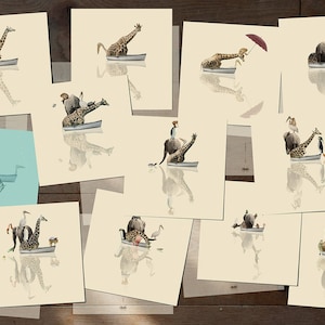 Giraffe Boot Tiere Karten - Reise - Set von 12 Postkarten - Illustration Postkarte 14,8cm x 14,8cm (5,8 "x 5,8")