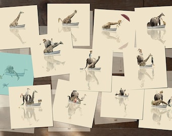 Giraffe Boat Animals Cards - Journey - Set of 12 postcards - Illustration postcard 14,8cm x 14,8cm (5,8" x 5,8")