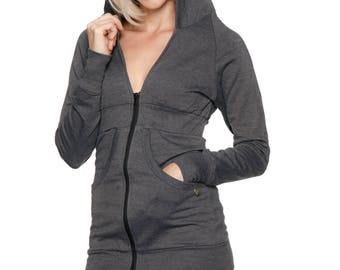 Moletom feminino com capuz e corpo longo com zíper