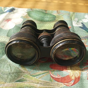 May include: A pair of vintage binoculars featuring a dark brown leather-wrapped body with brass metal accents. The device includes two circular objective lenses and a central ridged brass focus adjustment knob positioned between the two barrels.